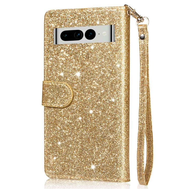 For Google Pixel 7 Pro 5G Zipper Pocket Glittery PU Leather Protective Case Magnetic Clasp Anti-fall Phone Wallet Stand Cover - Gold