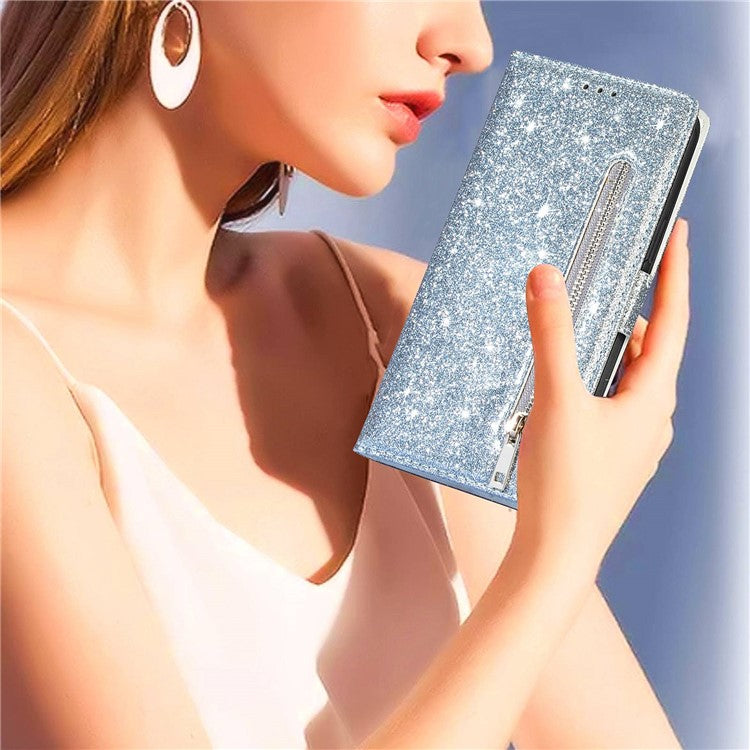 For Google Pixel 7 Pro 5G Zipper Pocket Glittery PU Leather Protective Case Magnetic Clasp Anti-fall Phone Wallet Stand Cover - Silver