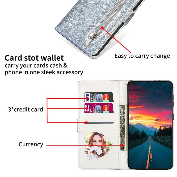 For Google Pixel 7 Pro 5G Zipper Pocket Glittery PU Leather Protective Case Magnetic Clasp Anti-fall Phone Wallet Stand Cover - Silver