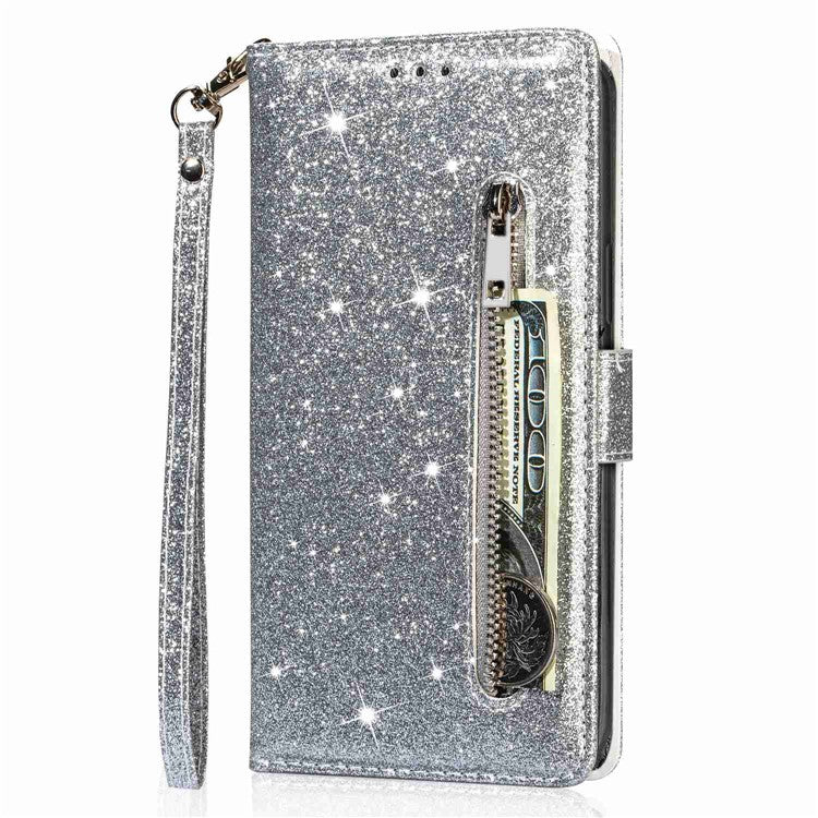 For Google Pixel 7 Pro 5G Zipper Pocket Glittery PU Leather Protective Case Magnetic Clasp Anti-fall Phone Wallet Stand Cover - Silver