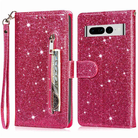 For Google Pixel 7 Pro 5G Zipper Pocket Glittery PU Leather Protective Case Magnetic Clasp Anti-fall Phone Wallet Stand Cover - Rose