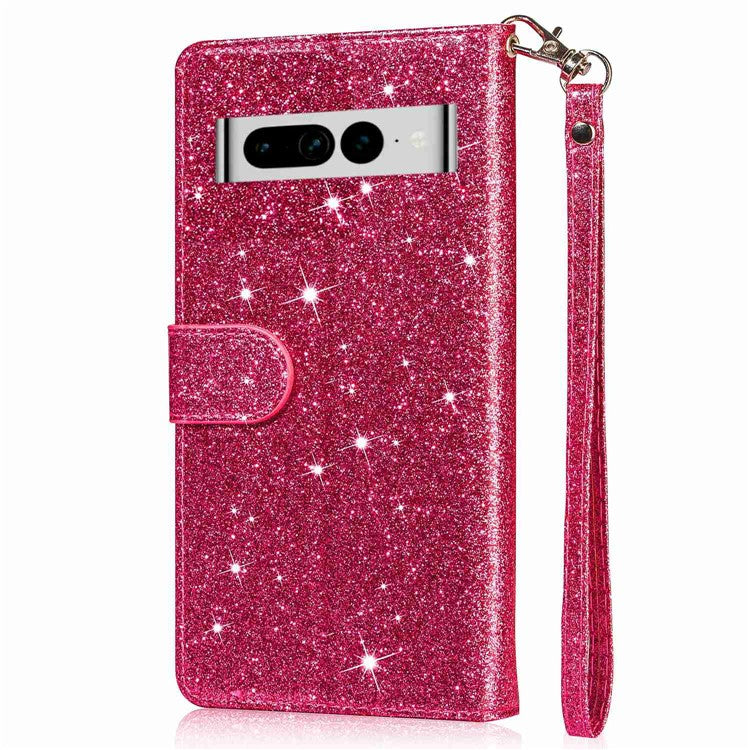 For Google Pixel 7 Pro 5G Zipper Pocket Glittery PU Leather Protective Case Magnetic Clasp Anti-fall Phone Wallet Stand Cover - Rose