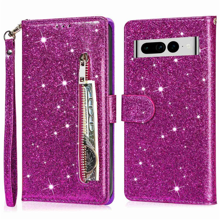 For Google Pixel 7 Pro 5G Zipper Pocket Glittery PU Leather Protective Case Magnetic Clasp Anti-fall Phone Wallet Stand Cover - Purple