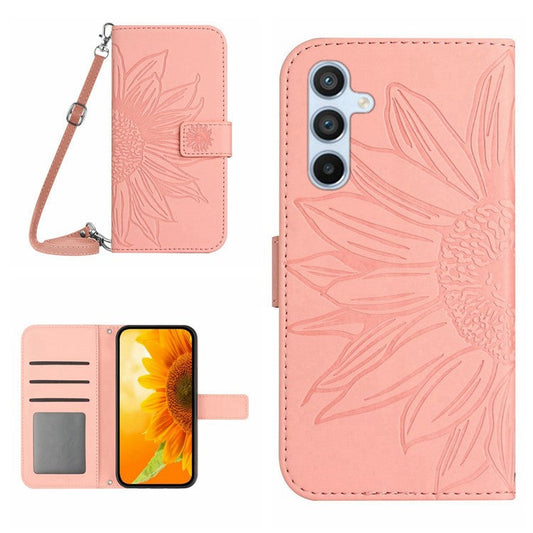 For Samsung Galaxy A54 5G HT04 Sunflower Imprinted PU Leather Wallet Case Stand Function Flip Skin-touch Protective Phone Cover with Shoulder Strap - Pink