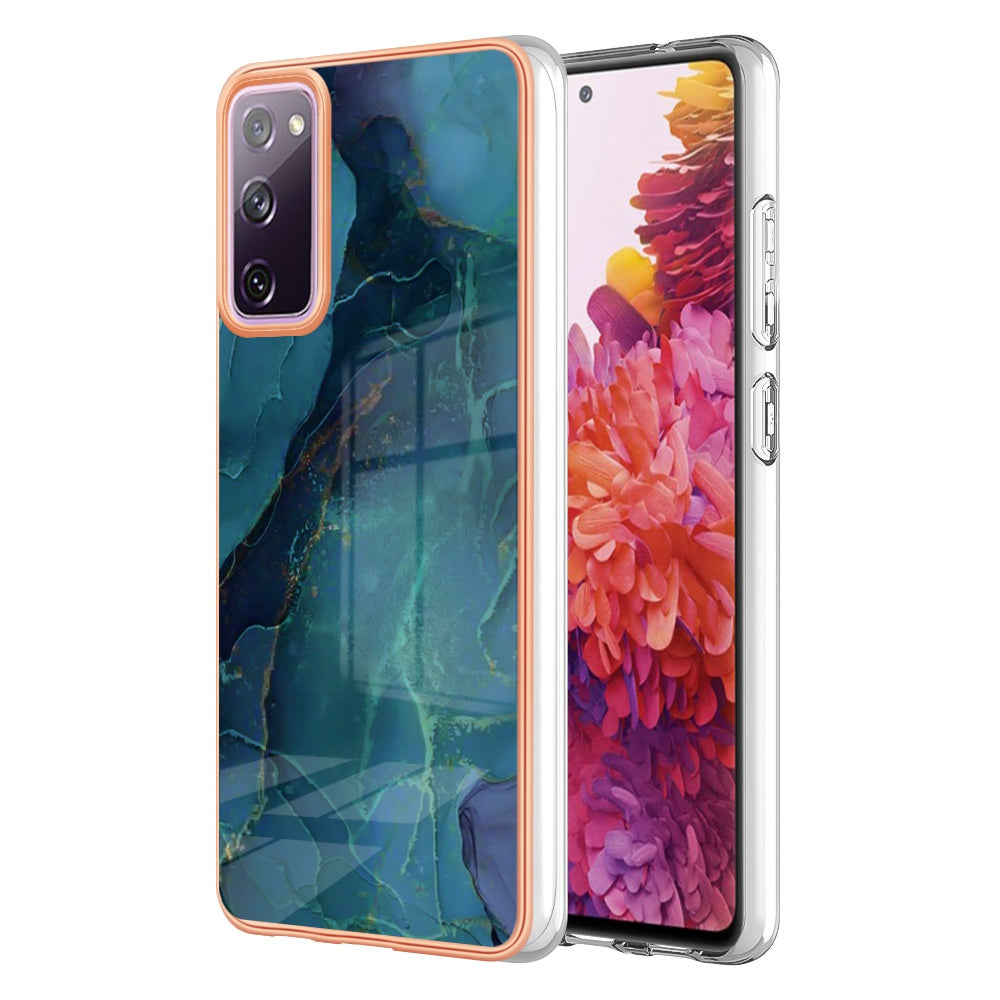 YB IMD Series-16 Style E for Samsung Galaxy S20 FE 4G / 5G / S20 FE 2022 / S20 Lite 2.0mm IMD Marble Pattern TPU Cover Back Protector Electroplating Phone Cover - Green