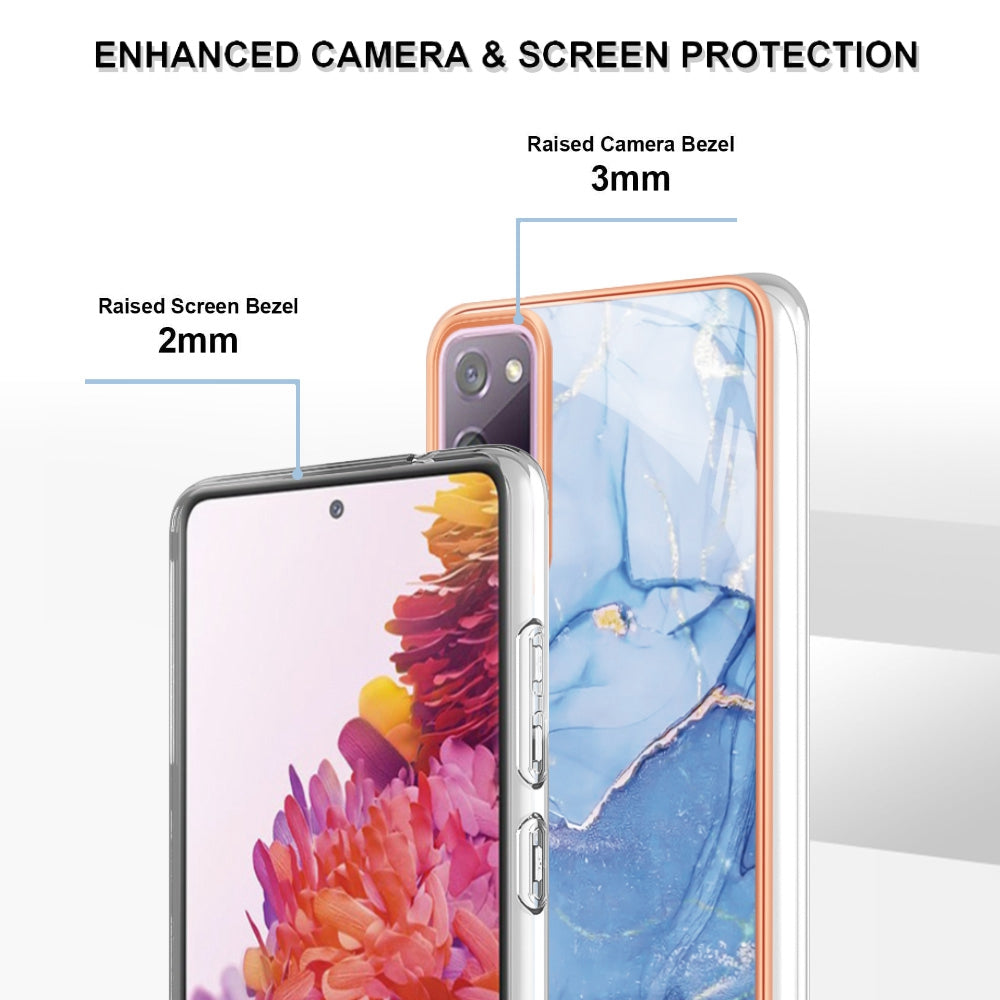 YB IMD Series-16 Style E for Samsung Galaxy S20 FE 4G / 5G / S20 FE 2022 / S20 Lite 2.0mm IMD Marble Pattern TPU Cover Back Protector Electroplating Phone Cover - Blue