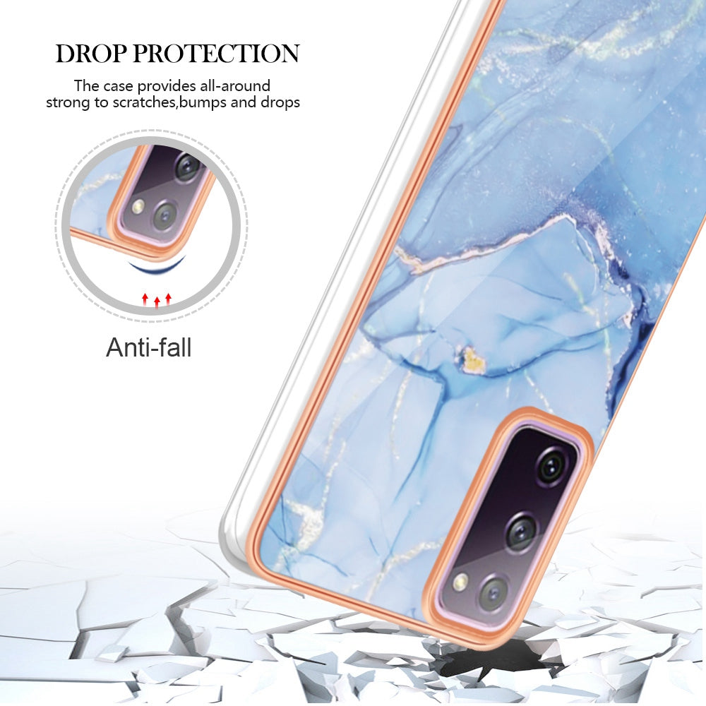 YB IMD Series-16 Style E for Samsung Galaxy S20 FE 4G / 5G / S20 FE 2022 / S20 Lite 2.0mm IMD Marble Pattern TPU Cover Back Protector Electroplating Phone Cover - Blue