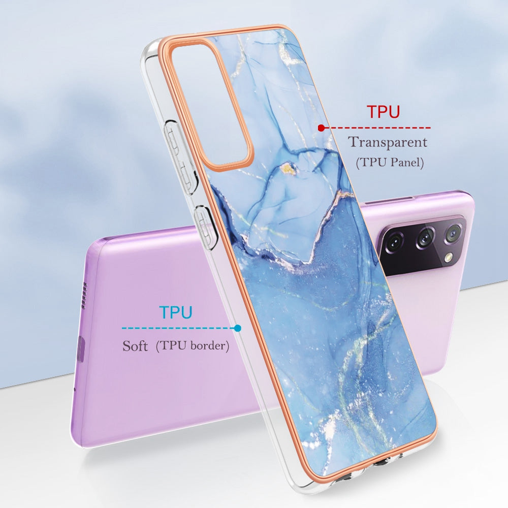YB IMD Series-16 Style E for Samsung Galaxy S20 FE 4G / 5G / S20 FE 2022 / S20 Lite 2.0mm IMD Marble Pattern TPU Cover Back Protector Electroplating Phone Cover - Blue