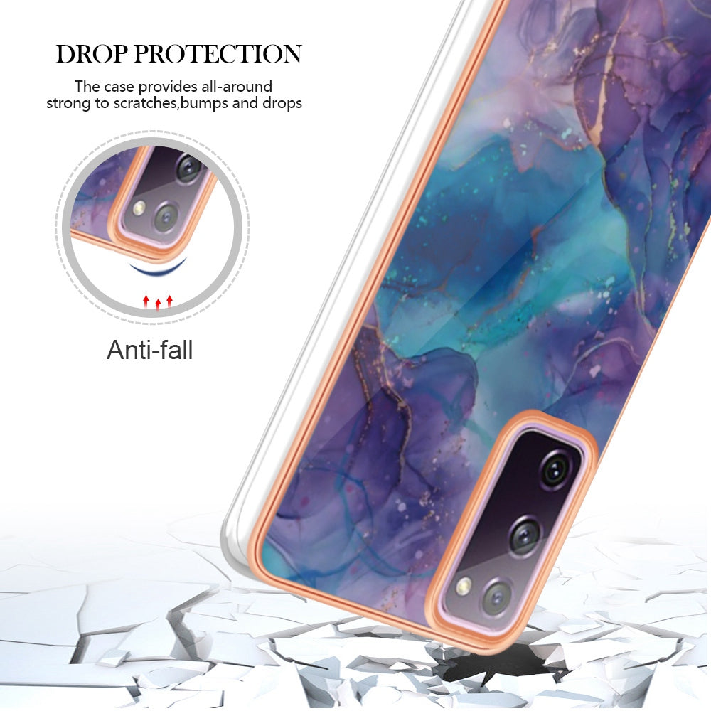 YB IMD Series-16 Style E for Samsung Galaxy S20 FE 4G / 5G / S20 FE 2022 / S20 Lite 2.0mm IMD Marble Pattern TPU Cover Back Protector Electroplating Phone Cover - Purple