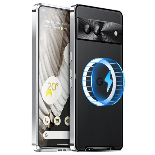 For Google Pixel 7 5G Fall Proof Magnetic Adsorption Matte Phone Cover TPU Back + Metal Edge Integrated Lens Protection Case - Silver