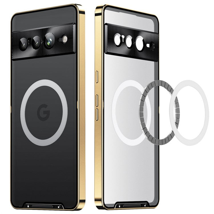 For Google Pixel 7 Pro 5G Anti-scratch Magnetic Adsorption Matte Phone Cover TPU Back + Metal Edge Integrated Lens Protection Case - Gold