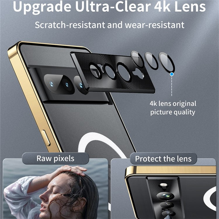 For Google Pixel 7 Pro 5G Anti-scratch Magnetic Adsorption Matte Phone Cover TPU Back + Metal Edge Integrated Lens Protection Case - Gold