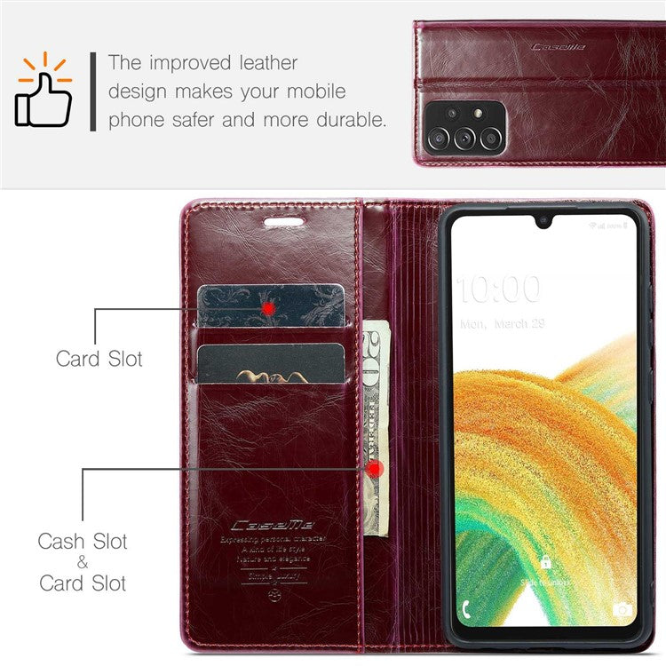 CASEME 003 Series For Samsung Galaxy A33 5G Magnetic Adsorption PU Leather Phone Shockproof Case Waxy Texture Wallet Stand Cover - Red