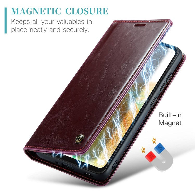 CASEME 003 Series For Samsung Galaxy A33 5G Magnetic Adsorption PU Leather Phone Shockproof Case Waxy Texture Wallet Stand Cover - Red