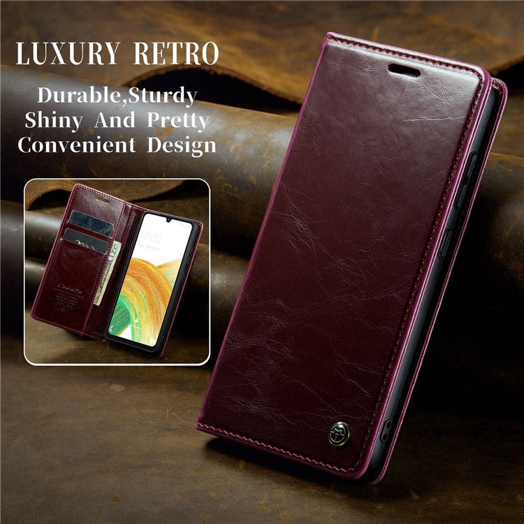 CASEME 003 Series For Samsung Galaxy A33 5G Magnetic Adsorption PU Leather Phone Shockproof Case Waxy Texture Wallet Stand Cover - Red