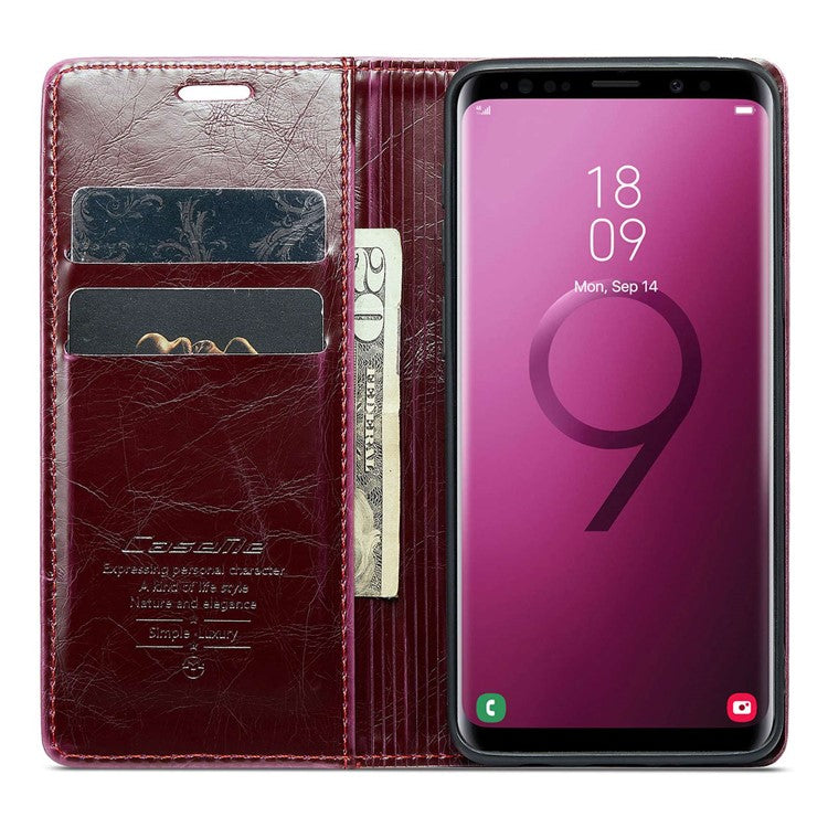 CASEME 003 Series For Samsung Galaxy S9 Magnetic Adsorption PU Leather Drop-proof Wallet Case Waxy Texture Phone Stand Cover - Red