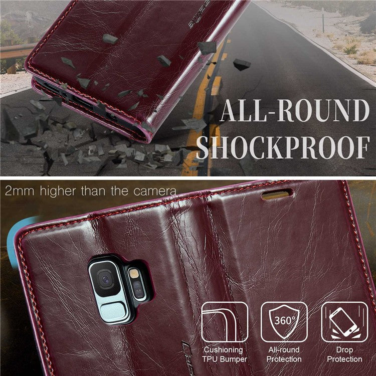 CASEME 003 Series For Samsung Galaxy S9 Magnetic Adsorption PU Leather Drop-proof Wallet Case Waxy Texture Phone Stand Cover - Red