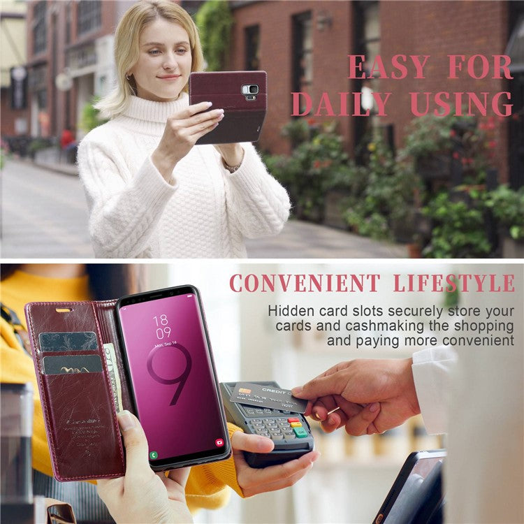 CASEME 003 Series For Samsung Galaxy S9 Magnetic Adsorption PU Leather Drop-proof Wallet Case Waxy Texture Phone Stand Cover - Red
