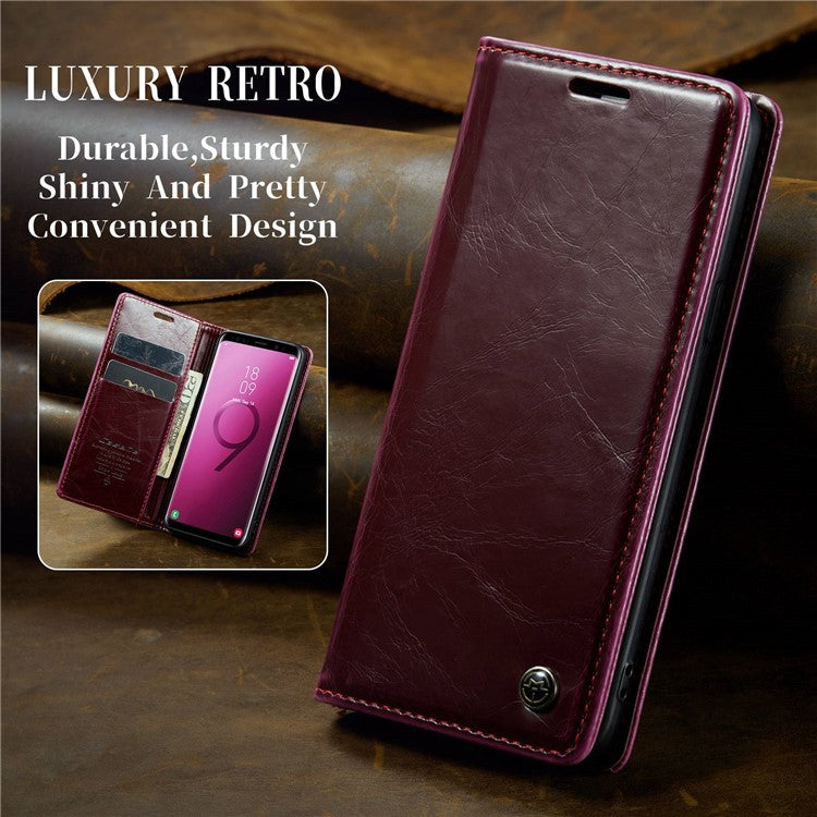 CASEME 003 Series For Samsung Galaxy S9 Magnetic Adsorption PU Leather Drop-proof Wallet Case Waxy Texture Phone Stand Cover - Red