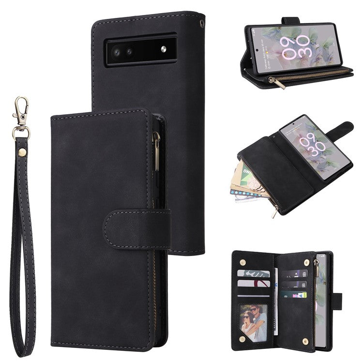 For Google Pixel 7 5G Multiple Card Slots Zipper Pocket PU Leather Stand Case Magnetic Clasp Drop-proof Phone Wallet Cover - Black