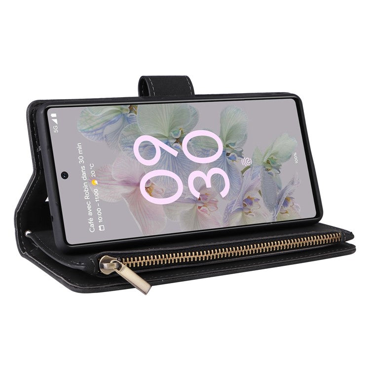 For Google Pixel 7 5G Multiple Card Slots Zipper Pocket PU Leather Stand Case Magnetic Clasp Drop-proof Phone Wallet Cover - Black