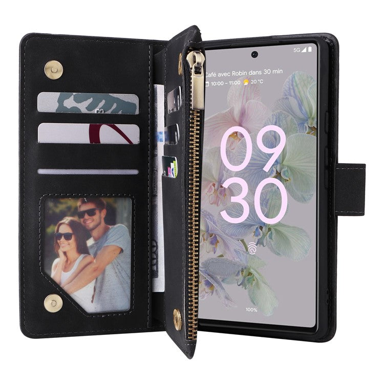 For Google Pixel 7 5G Multiple Card Slots Zipper Pocket PU Leather Stand Case Magnetic Clasp Drop-proof Phone Wallet Cover - Black