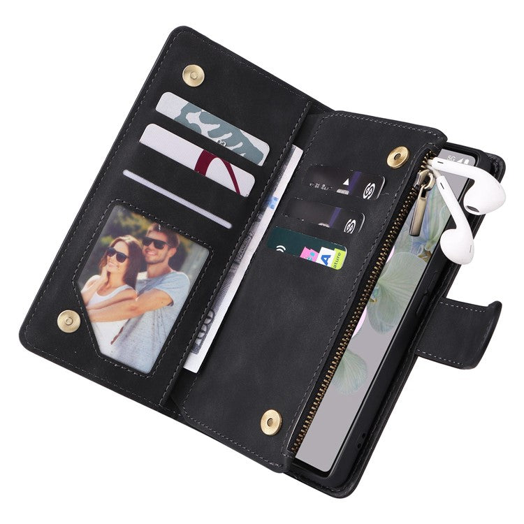 For Google Pixel 7 5G Multiple Card Slots Zipper Pocket PU Leather Stand Case Magnetic Clasp Drop-proof Phone Wallet Cover - Black