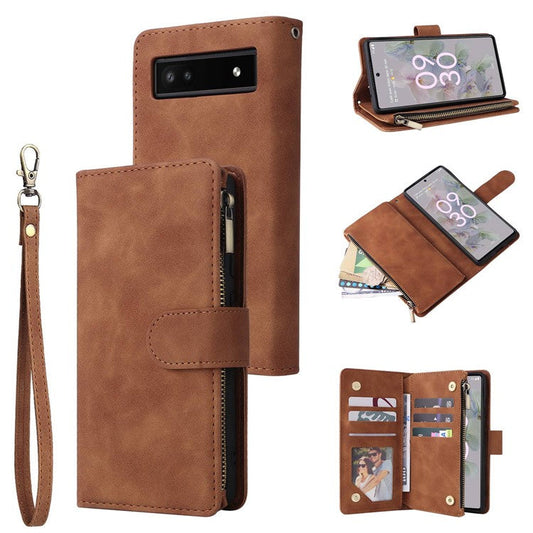 For Google Pixel 7 5G Multiple Card Slots Zipper Pocket PU Leather Stand Case Magnetic Clasp Drop-proof Phone Wallet Cover - Brown