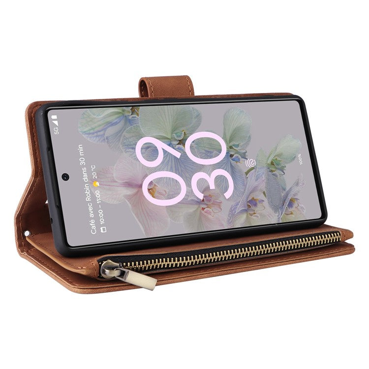 For Google Pixel 7 5G Multiple Card Slots Zipper Pocket PU Leather Stand Case Magnetic Clasp Drop-proof Phone Wallet Cover - Brown