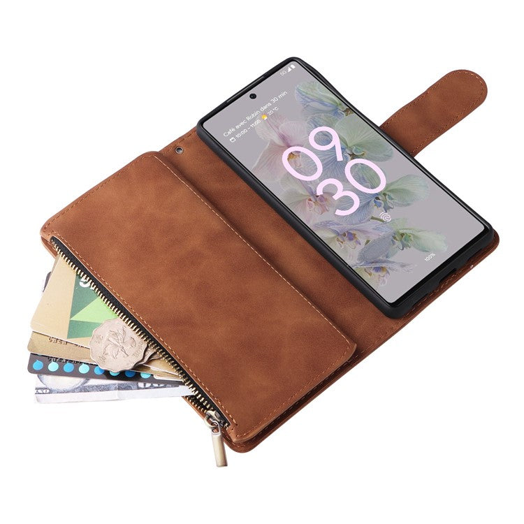 For Google Pixel 7 5G Multiple Card Slots Zipper Pocket PU Leather Stand Case Magnetic Clasp Drop-proof Phone Wallet Cover - Brown
