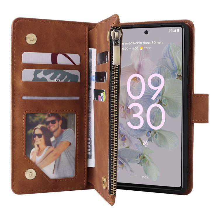 For Google Pixel 7 5G Multiple Card Slots Zipper Pocket PU Leather Stand Case Magnetic Clasp Drop-proof Phone Wallet Cover - Brown