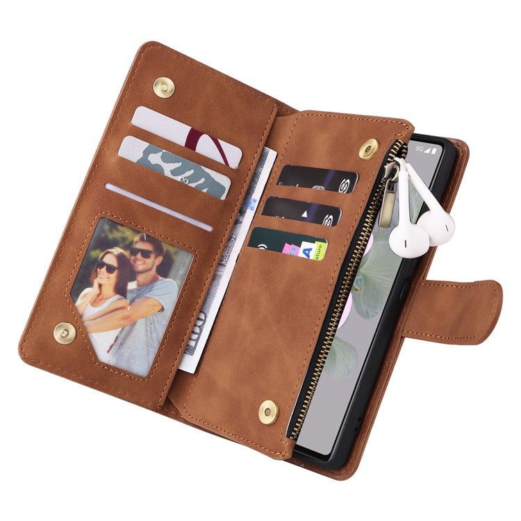 For Google Pixel 7 5G Multiple Card Slots Zipper Pocket PU Leather Stand Case Magnetic Clasp Drop-proof Phone Wallet Cover - Brown