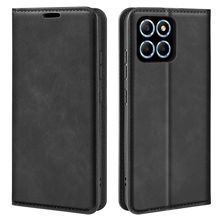 For Honor X8 5G Skin-touch Feeling Magnetic Auto-absorbed Phone Stand Case PU Leather Folio Flip Wallet Cover - Black