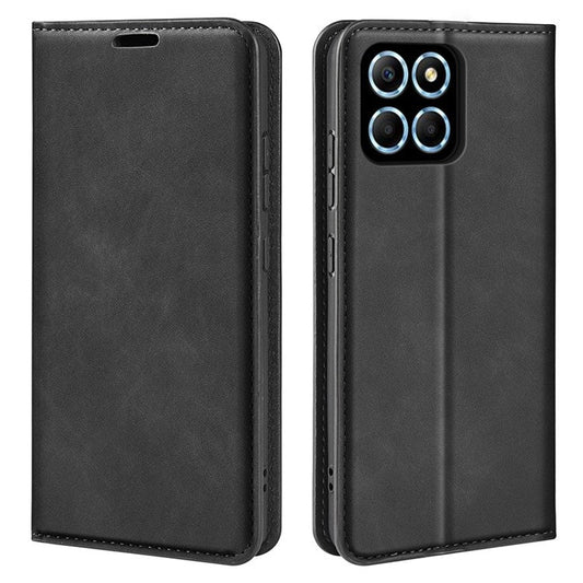 For Honor X8 5G Skin-touch Feeling Magnetic Auto-absorbed Phone Stand Case PU Leather Folio Flip Wallet Cover - Black