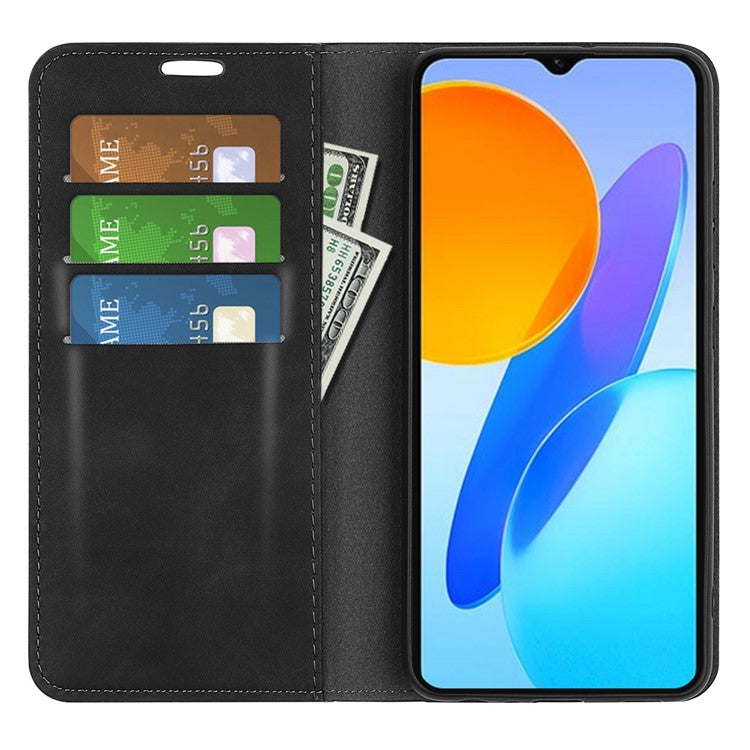 For Honor X8 5G Skin-touch Feeling Magnetic Auto-absorbed Phone Stand Case PU Leather Folio Flip Wallet Cover - Black