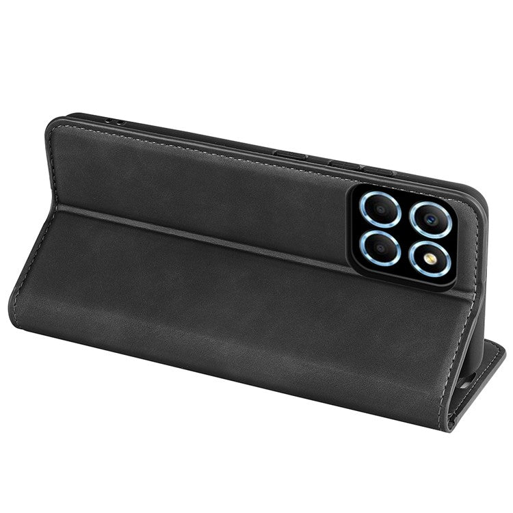 For Honor X8 5G Skin-touch Feeling Magnetic Auto-absorbed Phone Stand Case PU Leather Folio Flip Wallet Cover - Black