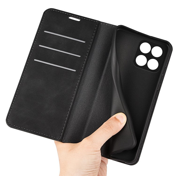 For Honor X8 5G Skin-touch Feeling Magnetic Auto-absorbed Phone Stand Case PU Leather Folio Flip Wallet Cover - Black