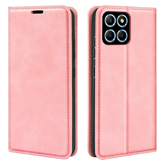 For Honor X8 5G Skin-touch Feeling Magnetic Auto-absorbed Phone Stand Case PU Leather Folio Flip Wallet Cover - Pink
