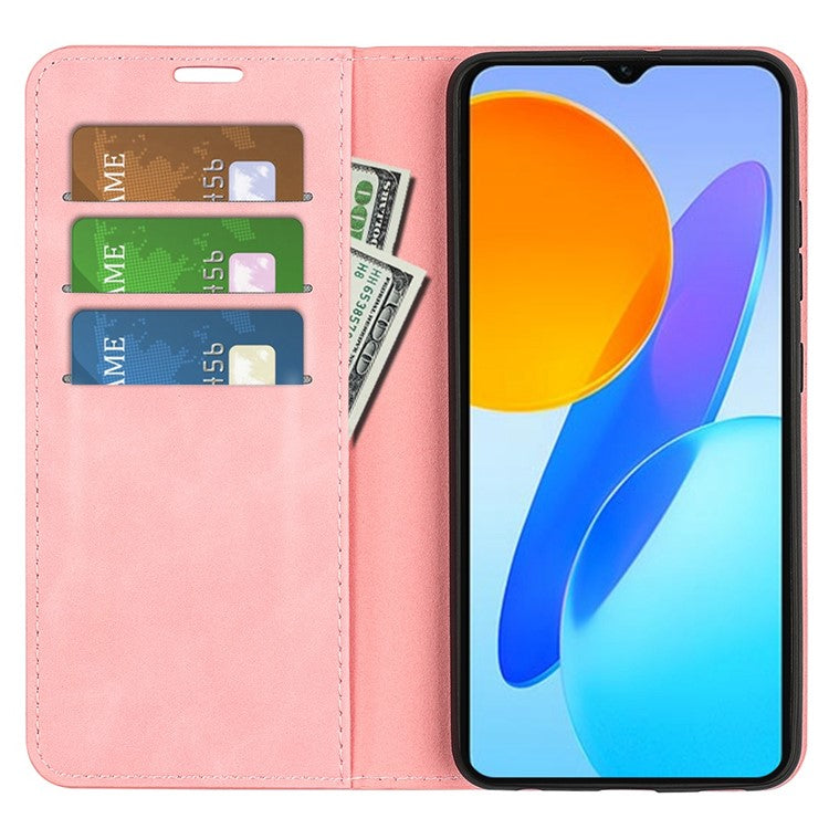 For Honor X8 5G Skin-touch Feeling Magnetic Auto-absorbed Phone Stand Case PU Leather Folio Flip Wallet Cover - Pink