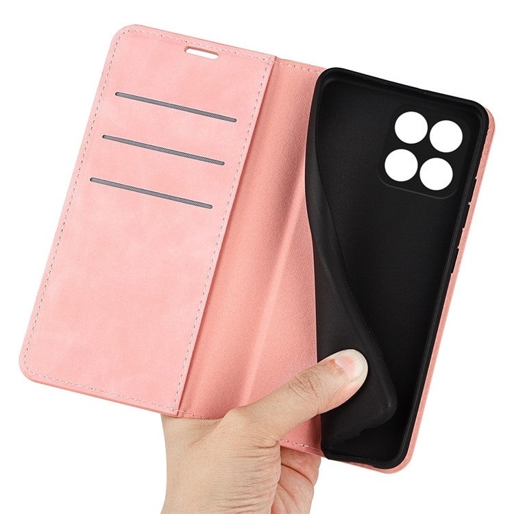 For Honor X8 5G Skin-touch Feeling Magnetic Auto-absorbed Phone Stand Case PU Leather Folio Flip Wallet Cover - Pink