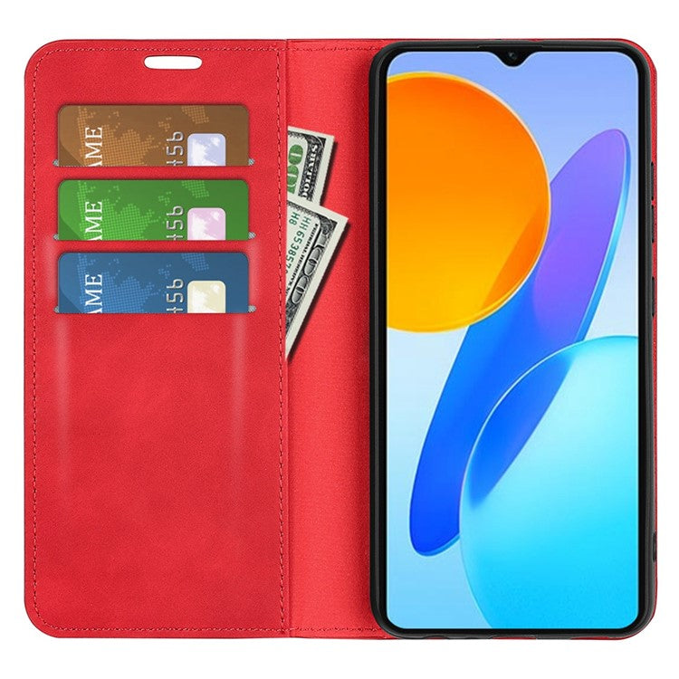 For Honor X8 5G Skin-touch Feeling Magnetic Auto-absorbed Phone Stand Case PU Leather Folio Flip Wallet Cover - Red