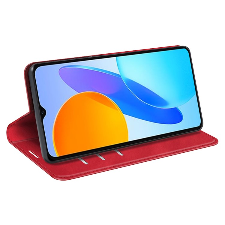 For Honor X8 5G Skin-touch Feeling Magnetic Auto-absorbed Phone Stand Case PU Leather Folio Flip Wallet Cover - Red