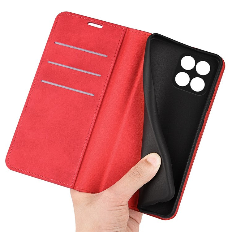 For Honor X8 5G Skin-touch Feeling Magnetic Auto-absorbed Phone Stand Case PU Leather Folio Flip Wallet Cover - Red