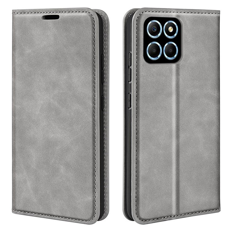 For Honor X8 5G Skin-touch Feeling Magnetic Auto-absorbed Phone Stand Case PU Leather Folio Flip Wallet Cover - Grey