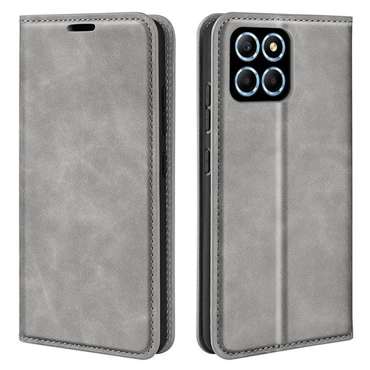 For Honor X8 5G Skin-touch Feeling Magnetic Auto-absorbed Phone Stand Case PU Leather Folio Flip Wallet Cover - Grey