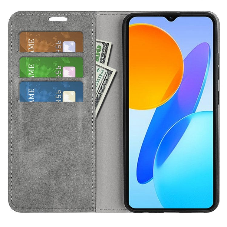 For Honor X8 5G Skin-touch Feeling Magnetic Auto-absorbed Phone Stand Case PU Leather Folio Flip Wallet Cover - Grey
