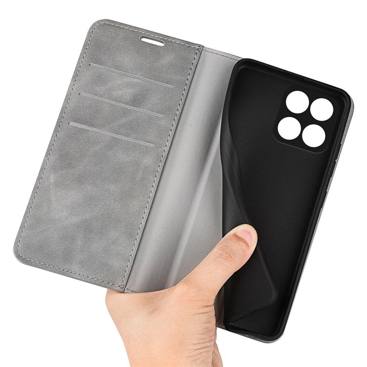 For Honor X8 5G Skin-touch Feeling Magnetic Auto-absorbed Phone Stand Case PU Leather Folio Flip Wallet Cover - Grey