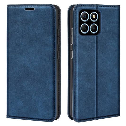 For Honor X8 5G Skin-touch Feeling Magnetic Auto-absorbed Phone Stand Case PU Leather Folio Flip Wallet Cover - Blue