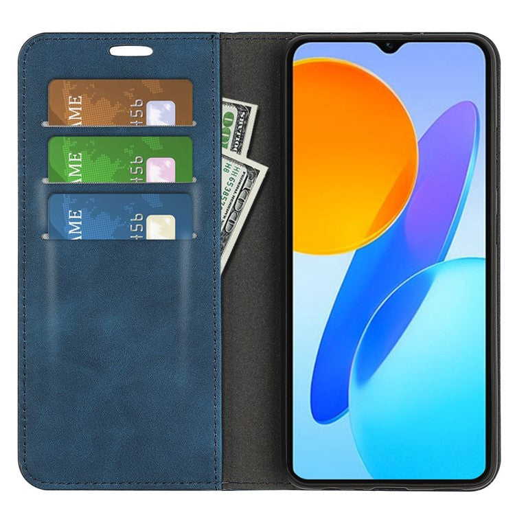 For Honor X8 5G Skin-touch Feeling Magnetic Auto-absorbed Phone Stand Case PU Leather Folio Flip Wallet Cover - Blue