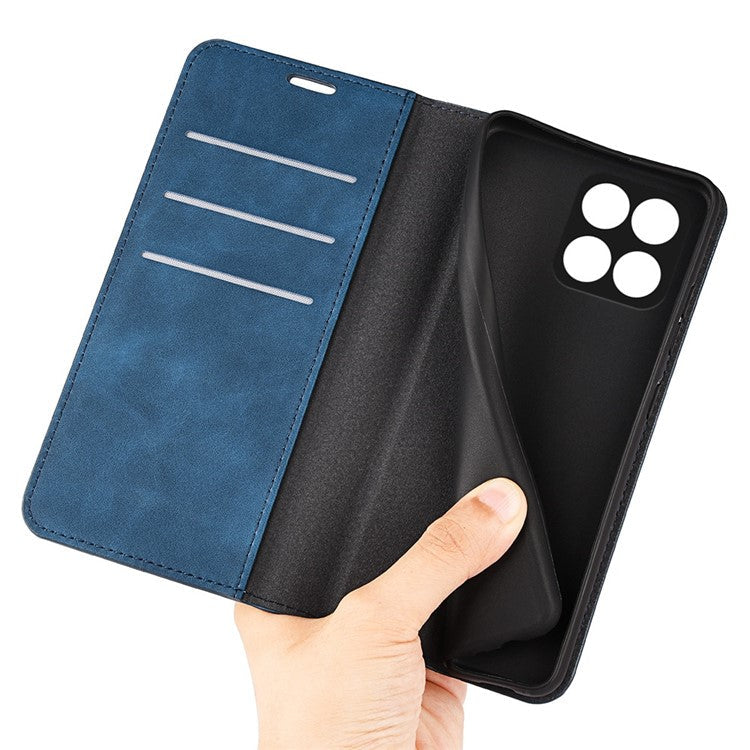 For Honor X8 5G Skin-touch Feeling Magnetic Auto-absorbed Phone Stand Case PU Leather Folio Flip Wallet Cover - Blue